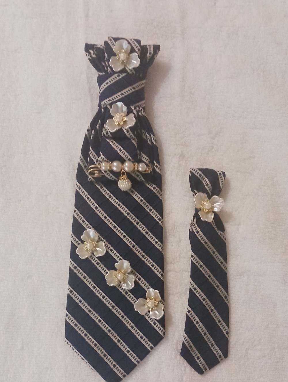 Unisex  Navy Striped Tie Set with Pearl Floral Accents.